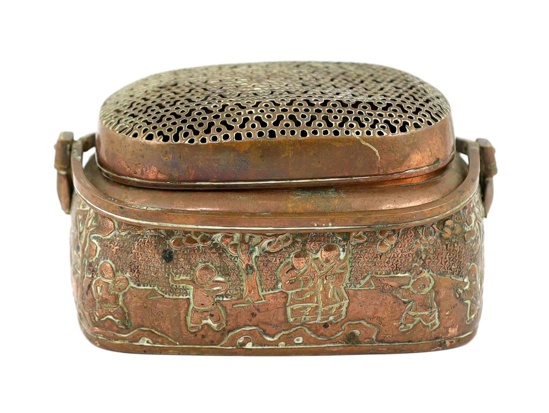 A Chinese embossed copper hand warmer, 17th/18th century